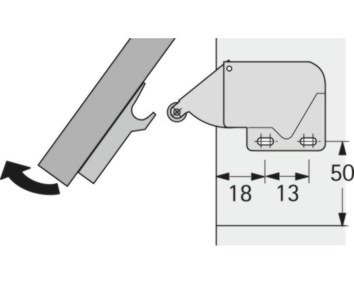 Bild av ett möbelbeslag med mått för montering.