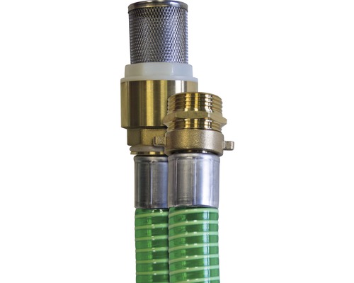 Detaljvy av en sugslang med sugkorg och mässingsanslutning.