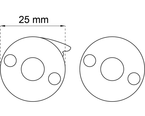Teknisk ritning av två runda fästplattor med tre borrhål vardera och en bredd på 25 millimeter.