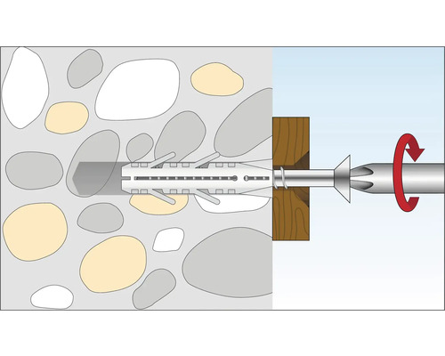 Illustration av en pluggfastsättning i en vägg med skruv