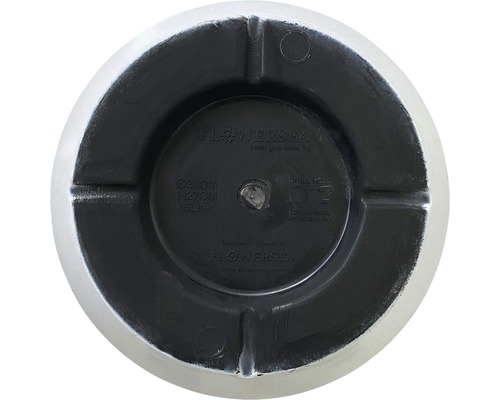 Undersida av en planteringslåda med en diameter på 31 centimeter, en höjd på 27 centimeter och en volym på 15 liter.