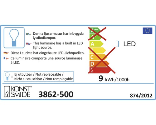 Energimärke med information om inbyggd LED-ljuskälla och energiförbrukning