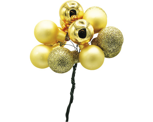 Dekorativa julgranskulor i guld med ståltrådsstjälk