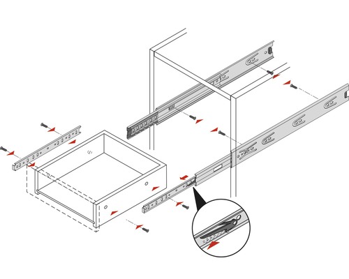 Illustration av lådskenor och monteringsanvisningar