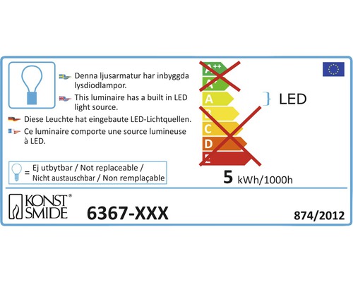 Energietikett med information om den inbyggda LED-ljuskällan och energiförbrukningen