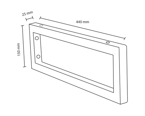 Teknisk ritning av en rektangulär ram med måtten 150 mm höjd, 440 mm längd och 25 mm tjocklek.