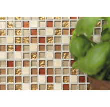 Mosaikplattor med fyrkantiga, gyllene, bruna och beige element
