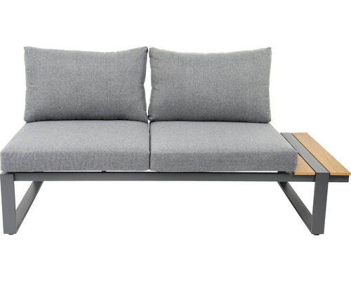 Trädgårdssoffa med två sittplatser, grå kuddar och förvaringsutrymme i trä