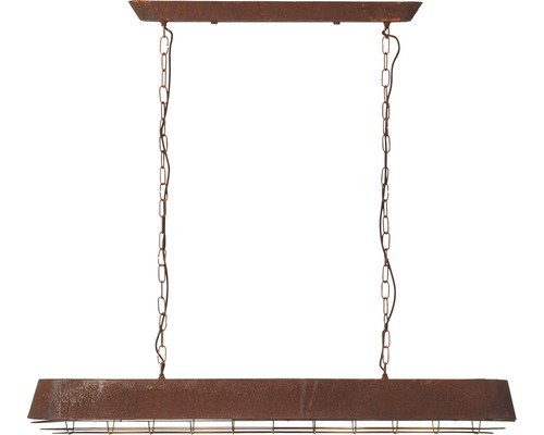 Rostfärgad hänglampa med kedjeupphängning och rektangulär lampskärm med galler