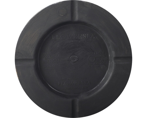 Underifrånvy av en växtbehållare med måtten diameter 37 cm, höjd 33 cm och en volym på 25 liter.