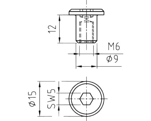 Teknisk ritning av en skruv med måtten diameter 15 millimeter, nyckelvidd 5, gänglängd 12 millimeter, gänga M6 och diameter 9 millimeter.