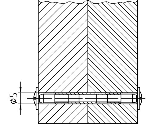 Ritning av en träplugg med en diameter på fem millimeter mellan två träbitar.