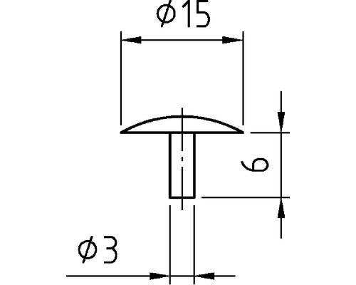 Teknisk ritning av en nubb med dimensionerna 15 millimeter huvudets diameter, 3 millimeter stiftets diameter och 9 millimeter stiftets längd