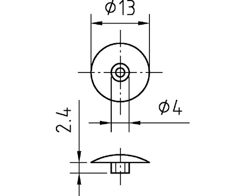 Teknisk ritning av en möbelglidare med måtten 13 millimeter i diameter upptill och 4 millimeter i diameter nedtill