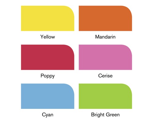 Färgprover med beteckningarna Gul, Mandarin, Vallmo, Körsbär, Cyan och Ljusgrön