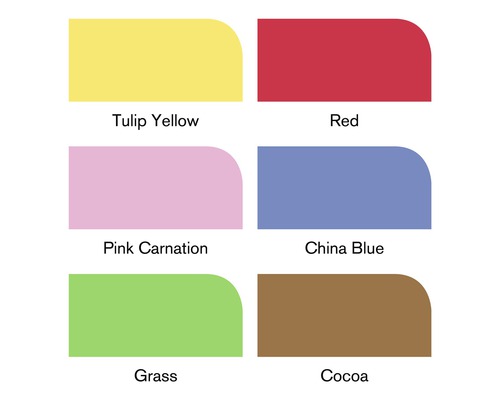 Färgprover med färgerna tulpan gul, röd, nejlika rosa, kina blå, gräs och kakao
