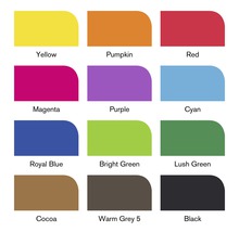 Färgprover med gult, orange, rött, magenta, lila, cyan, kungsblått, ljusgrönt, frodigt grönt, kakao, varmgrå 5 och svart