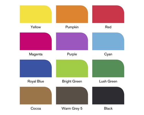 Färgprover med gult, orange, rött, magenta, lila, cyan, kungsblått, ljusgrönt, frodigt grönt, kakao, varmgrå 5 och svart