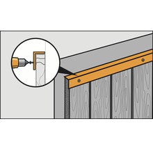 Illustration av en träkonstruktion med fästvinkel och skruvar