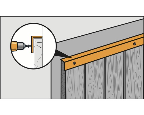 Illustration av en träkonstruktion med fästvinkel och skruvar