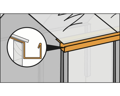 Illustration av ett växthus med detaljvy av en takränna