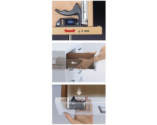 Illustration av en lådskena med justeringsmekanism för möbelkonstruktion