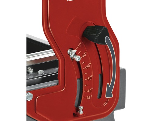 Detaljvy av en kakelskärare med vinkeljustering från 0 till 45 grader.