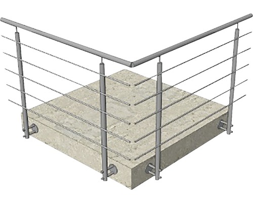 Rostfritt stålräcke med horisontella spjälor i ett hörn