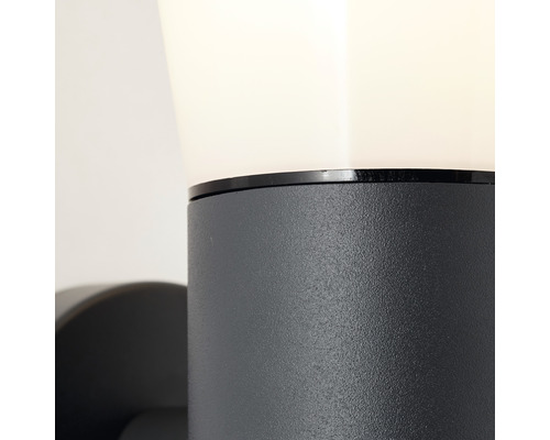 Närbild av en svart vägglampa med cylindrisk design