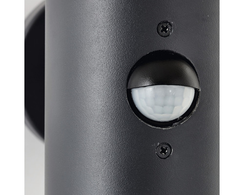 Närbild av en svart utomhuslampa med rörelsesensor.