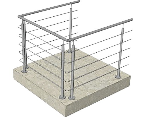 Räcke i rostfritt stål med horisontella vajrar på betong