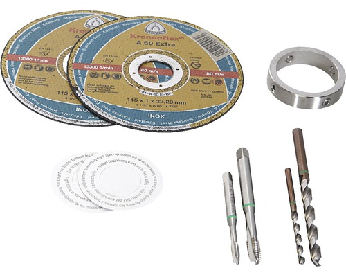 Två kapskivor, en metallring och diverse borrar