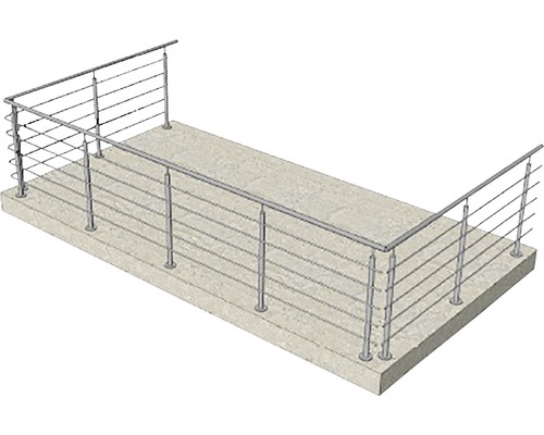 Räcke i rostfritt stål med horisontella spjälor på en betongyta