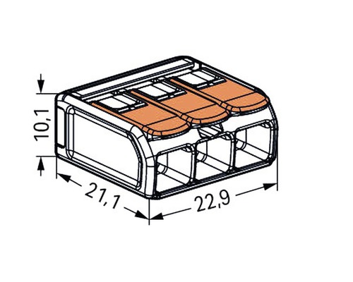 Trepolig kopplingsplint med måtten 10,1 x 21,1 x 22,9 millimeter.