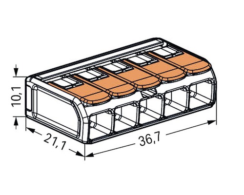 Illustration av en fyrpolig anslutningsklämma med mått