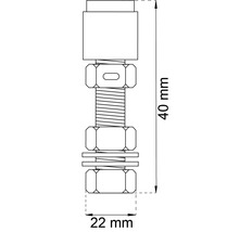 Teknisk ritning av en bult med muttrar och brickor, mått 40 mm och 22 mm