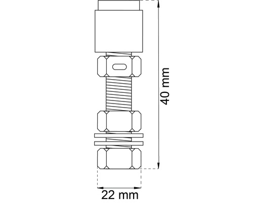 Teknisk ritning av en bult med muttrar och brickor, mått 40 mm och 22 mm