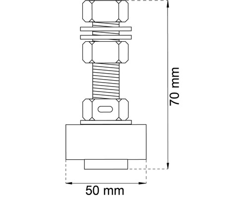 Ritning av en skruvförband med måtten 70 mm höjd och 50 mm bredd