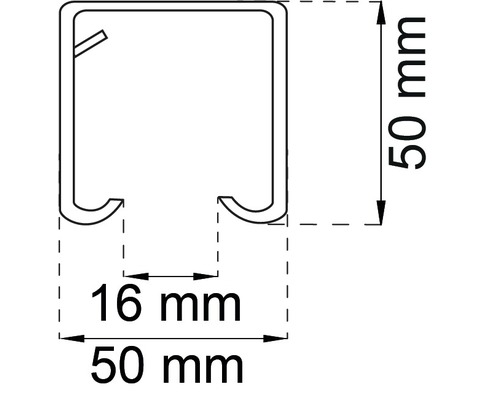 Teknisk ritning av en profil med måtten 50 mm x 50 mm och en öppning på 16 mm.