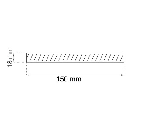 Teknisk ritning av ett arbetsstycke med måtten 18 mm och 150 mm.