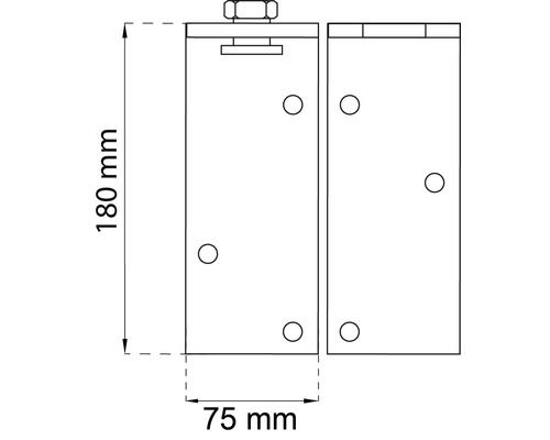 Teknisk ritning av en dörrstängare med måtten 180 mm och 75 mm.
