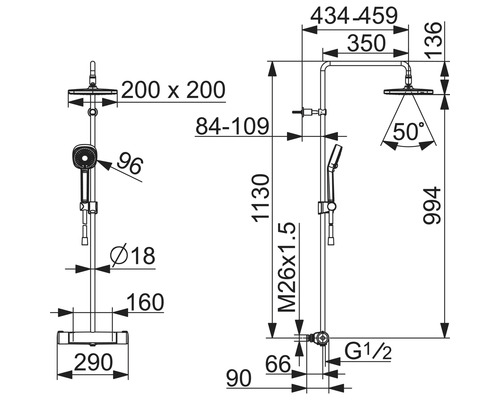 Teknisk ritning av en duschblandare med mått