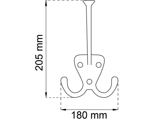 Teknisk ritning av en klädkrok med måtten 205 mm höjd och 180 mm bredd.