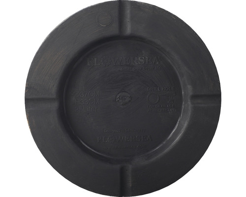 Svart planteringskärl med en diameter på 37 centimeter och en höjd på 33 centimeter