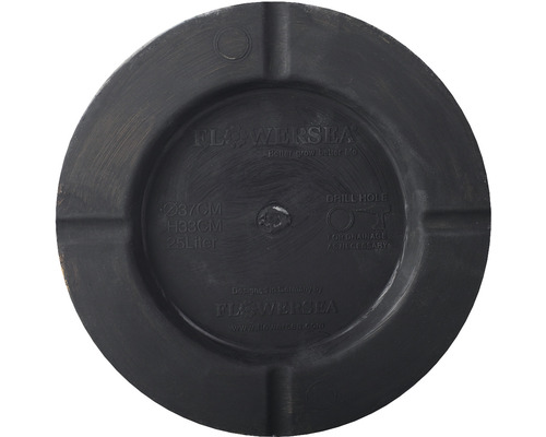 Svart blomkruka med 37 centimeters diameter, 33 centimeters höjd och 25 liters volym.