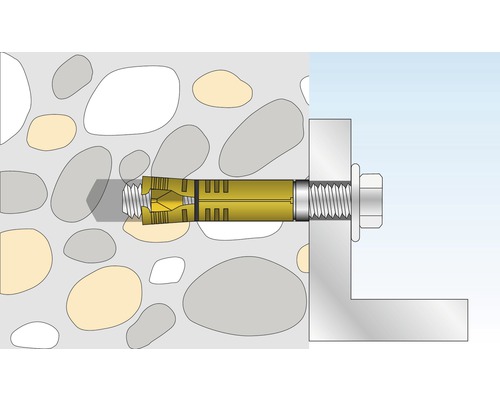 Illustration av en tung infästning i en stenmur med skruv