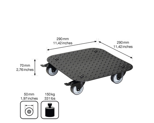 Rullbräda med måtten 290 mm x 290 mm och en maximal lastkapacitet på 150 kg