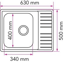 Skiss av en diskho med måtten 630 mm x 500 mm och en bassängstorlek på 400 mm x 340 mm.