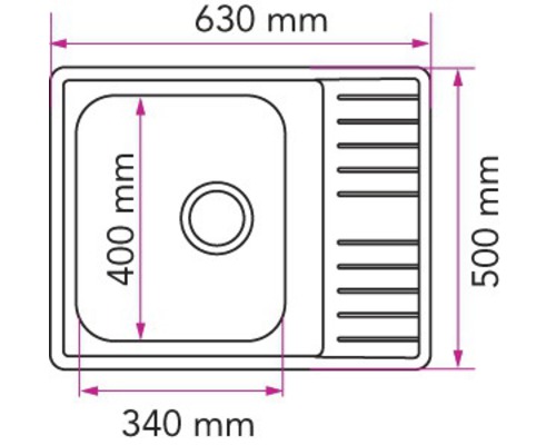 Skiss av en diskho med måtten 630 mm x 500 mm och en bassängstorlek på 400 mm x 340 mm.