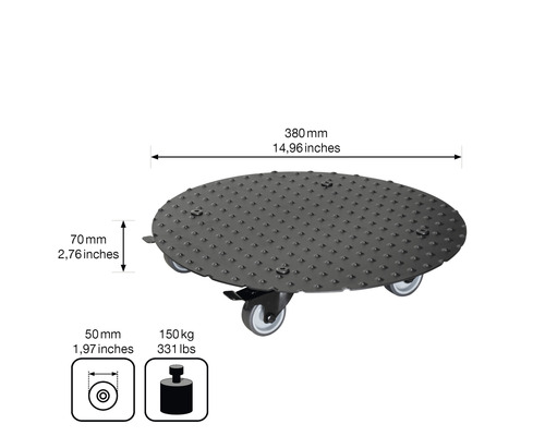 Rullbräda med en diameter på 380 millimeter och en maximal lastkapacitet på 150 kilogram.